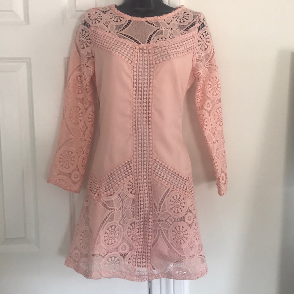 Long Sleeve Lace Panel Pink Dress